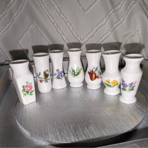 Vintage set of 7 Floral White Ceramic miniature doll house vase Set